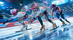 Short Track athlete slide in professional ice arena