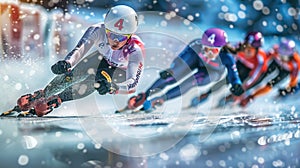 Short Track athlete slide in professional ice arena