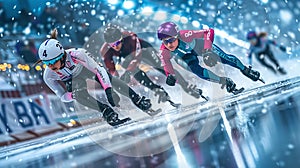 Short Track athlete slide in professional ice arena