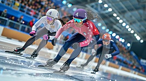 Short Track athlete slide in professional ice arena