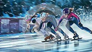 Short Track athlete slide in professional ice arena