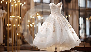 Short wedding dress on salon background. Elegant white woman wedding gown. Cocktail dress. Special occasion bridal attire. Festive