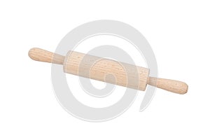 Short wooden rolling pin isolated on white background. Kitchen accessory and equipment. Path saved, clipping path