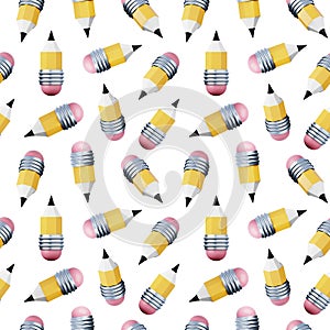 Short yellow pencil with pink eraser high quality 3D render cartoon style seamless pattern.