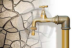 Shortage of drinking water - concept with an old water brass faucet against a cracked ground - the effects of climate change