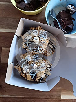 Shortbread chocolate cookies chocolate, marshmallows with nuts cookies. Unhealthy snack, your guilty pleasure. Lifestyle,