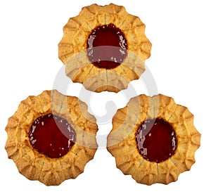 Shortbread cookies with jam isolated on white. Top view