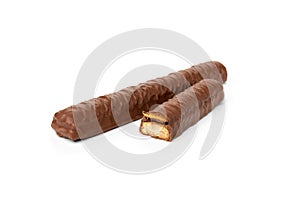 Shortbread stick with caramel in chocolate isolated on white background