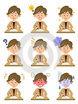 Shortcut female employee`s upper body to fill out documents 9 different facial expressions and poses