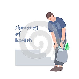 Shortness of breath, post-covid syndrome. Man with dyspnea, difficulty breathing after coronavirus, vector illustration