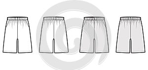 Shorts Sport training Bermuda Activewear technical fashion illustration with elastic low waist, rise, pockets, Relaxed