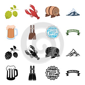 Shorts with suspenders, a glass of beer, a sign, an emblem. Oktoberfest set collection icons in black,cartoon style