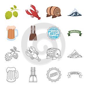 Shorts with suspenders, a glass of beer, a sign, an emblem. Oktoberfest set collection icons in cartoon,outline style