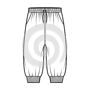 Shorts Sweatpants technical fashion illustration with elastic cuffs, low waist, drawstrings, knee length. Flat training