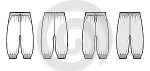 Shorts Sweatpants technical fashion illustration with elastic cuffs, low waist, drawstrings, knee length. Flat training