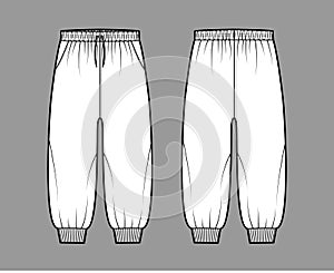 Shorts Sweatpants technical fashion illustration with elastic cuffs, low waist, rise, drawstrings, calf length training