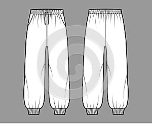 Shorts Sweatpants technical fashion illustration with elastic cuffs, low waist, rise, drawstrings, midi ankle length