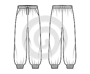 Shorts Sweatpants technical fashion illustration with elastic cuffs, low waist, rise, drawstrings, midi ankle length