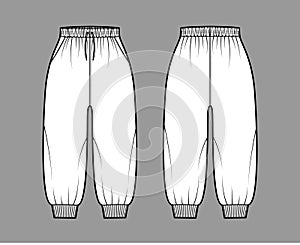 Shorts Sweatpants technical fashion illustration with elastic cuffs, normal waist, high rise, drawstrings, calf length