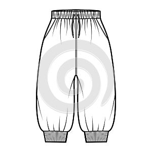 Shorts Sweatpants technical fashion illustration with elastic cuffs, normal waist, high rise, drawstrings, knee length.