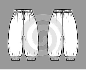 Shorts Sweatpants technical fashion illustration with elastic cuffs, normal waist, high rise, drawstrings, knee length.