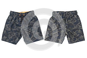 Shorts for swimming military coloring on white isolated background front and back