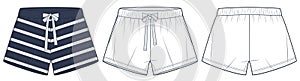 Shorts technical fashion illustration, striped design. Short Pants fashion flat technical drawing template, elastic waist
