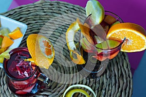 Shot from above of the sangria glasses on a glass table