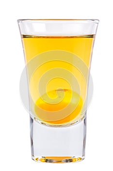 Shot. Alcoholic drink on a white background.