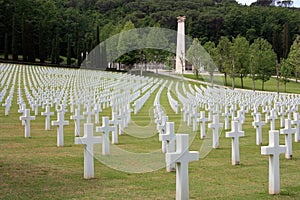 Shot of the american military cemetery of the second world war with the crosses of the dead soldiers resting under a beautiful