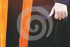 Shot backside group crowd of graduation hats during commencement success graduates