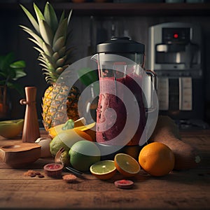 A shot of a blender with ingredients for a tropical smoot one generative AI photo