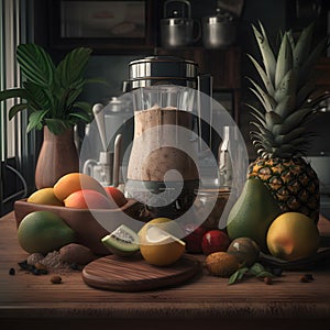 A shot of a blender with ingredients for a tropical smoot three generative AI photo