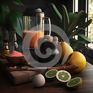 A shot of a blender with ingredients for a tropical smoot two generative AI photo