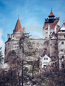 Shot of Bran Castle in Romania during wintertime