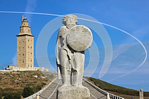 Shot of the Breogan statue and Hercules lighthouse in Spain photo