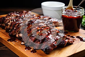 shot of brush smothering ribs with homemade bbq sauce