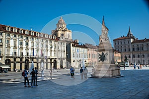 Shot of buildings and statue in Piazza Castello, Turin, Italy
