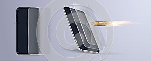 Shot a bullet in protective glass, a crack on glass. Screen Protector Glass. Vector illustration of transparent tempered