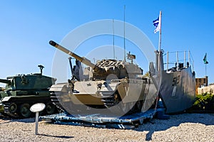 Shot cal israeli tank on vehicle landing craft ramp. Israeli Armored Corps Museum at Latrun