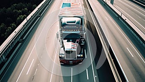 American truck pulling load on a freeway. Generative ai illustration