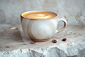 shot capturing a coffee cup brimming with freshly brewed coffee, placed on a surface.