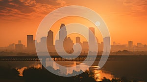 A shot of a city skyline during a sweltering heatwave, highlighting the dangers of extreme temperatures and heat-related illnesses