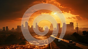 A shot of a city skyline during a sweltering heatwave, highlighting the dangers of extreme temperatures and heat-related illnesses