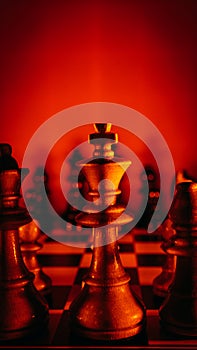 Shot of the confrontation between white and black chess pieces standing on a chessboard