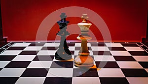 Shot of the confrontation between white and black chess pieces standing on a chessboard