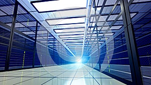 Shot of Corridor in Large Working Data Center Full of Rack Servers and Supercomputers. 3D render