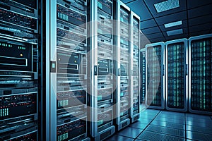 Shot of Data Center With Multiple Rows of Fully Operational Server Racks Generative AI