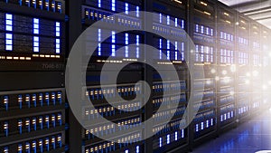 Shot of Data Center With Multiple Rows of Fully Operational Server Racks. Modern Telecommunications, Artificial Intelligence,3d