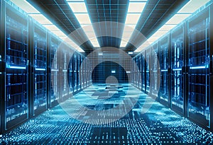 Shot of Data Center With Multiple Rows of Fully Operational Server Racks. Modern Telecommunications, Cloud Computing, Artificial